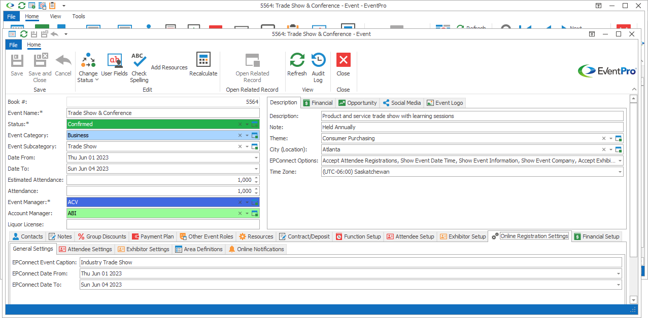 Screenshot of Online Registration Settings tab in Edit Event window. 