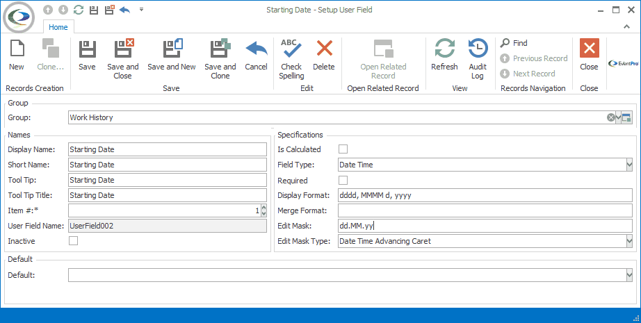 Screenshot of Setup User Field edit form, demonstrating Date field with Display Format and Edit Mask defined. 