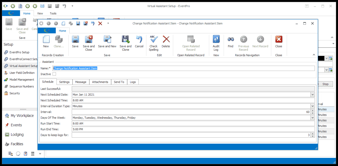 Screenshot of Change Notification Assistant edit form, opened to Schedule tab. 