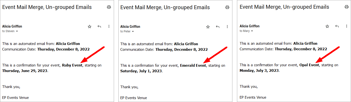 Three emails demonstrating how each pulls a different linked Event Name into the merge field. 