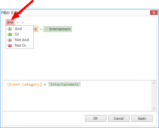 Screenshot of Filter Editor, demonstrating logical operator selection. 