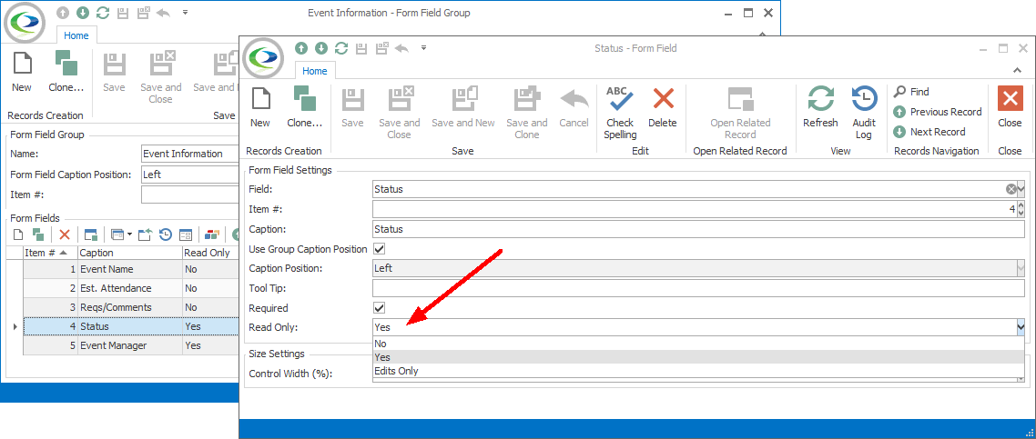 Screenshot of Form Field edit form, displaying Read Only drop-down selection list. 