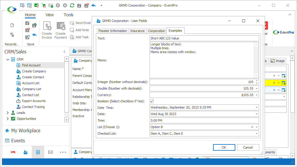 Screenshot of Company User Fields, demonstrating different Field Types. 