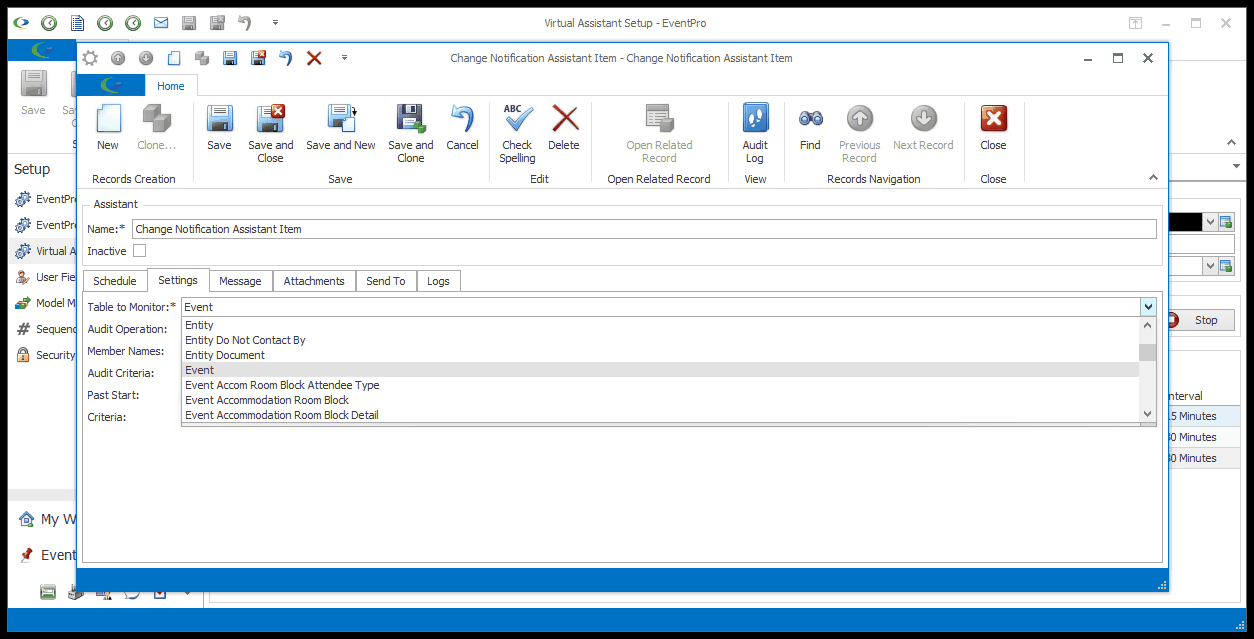 Screenshot of Table to Monitor field in Change Notification Assistant edit form.