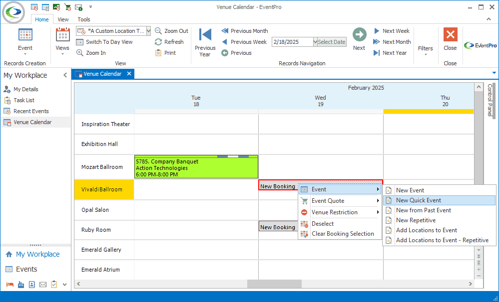 Screenshot of Venue Calendar, displaying right-click speed menu opened to New Quick Event command. 
