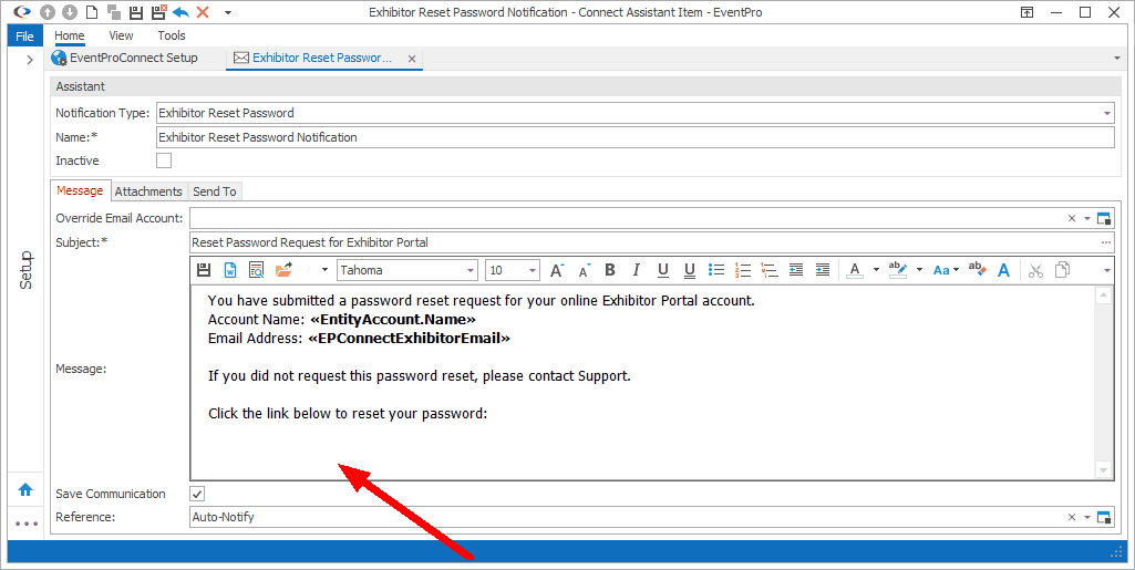 Screenshot of EPConnect Exhibitor Reset Password Notification edit form. 
