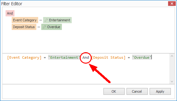 Screenshot of Filter Editor, displaying sample condition using And operator. 