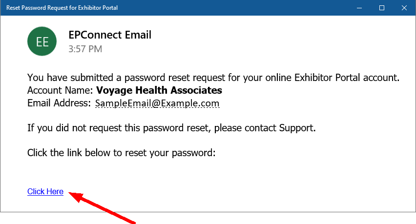 Sample of email resulting from Exhibitor Reset Password Notification. 