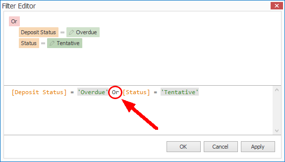 Screenshot of Filter Editor, displaying sample condition using Or operator. 