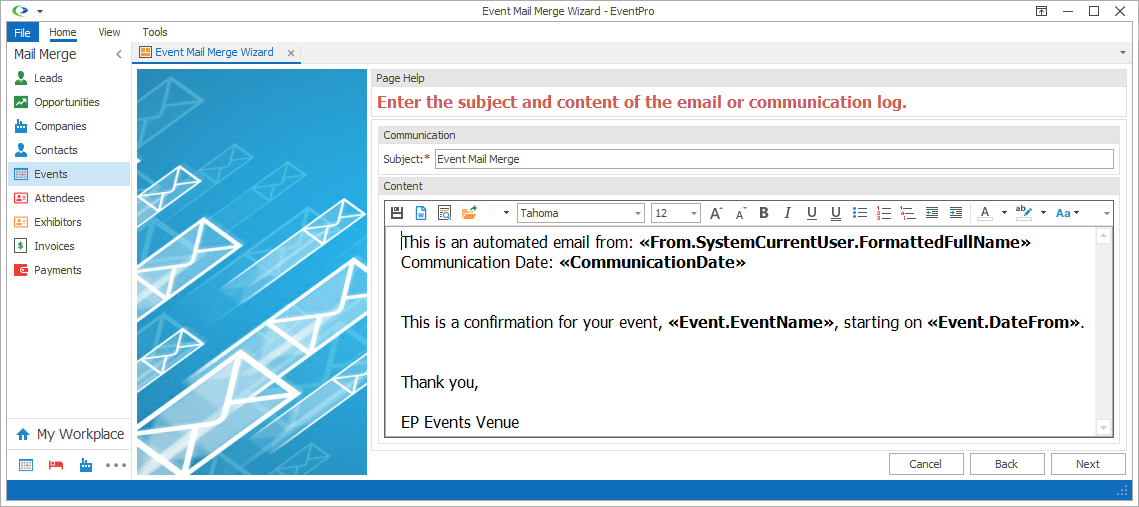 Screenshot of Event Mail Merge content page, showing merge fields, including Event Name. 
