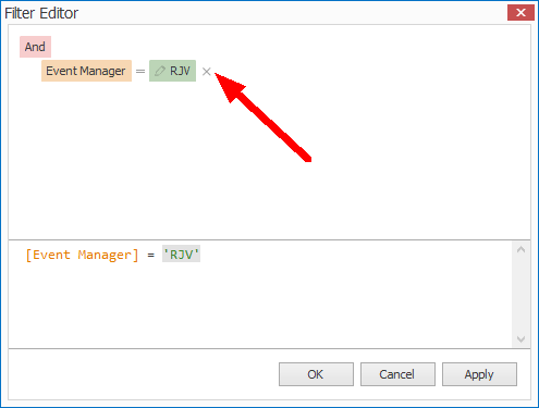 Screenshot of Filter Editor, pointing to condition delete command. 