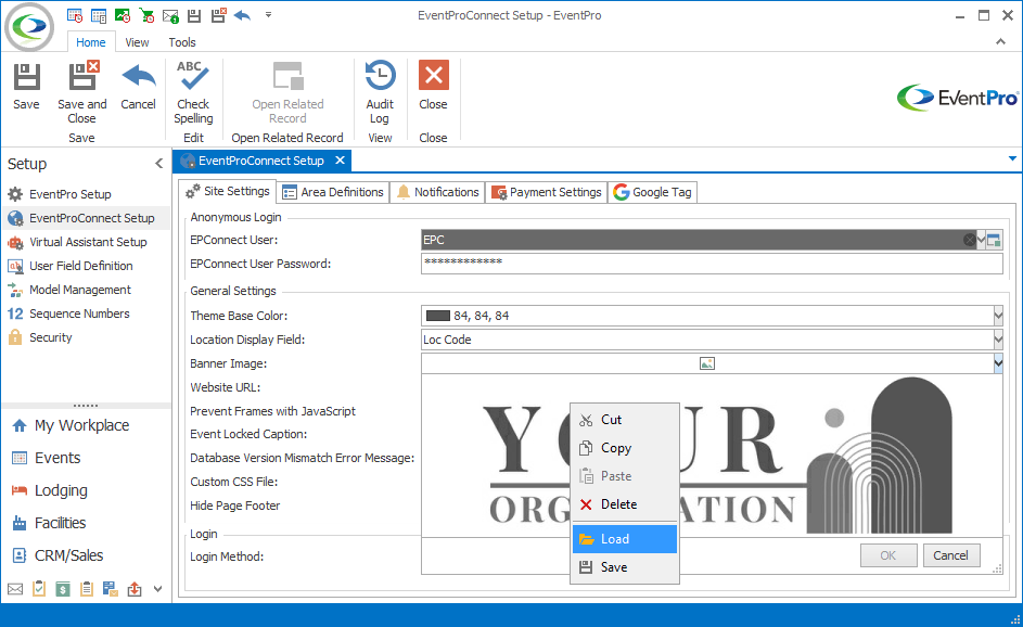 Screenshot of EPConnect Setup with Banner Image speed menu activated. 