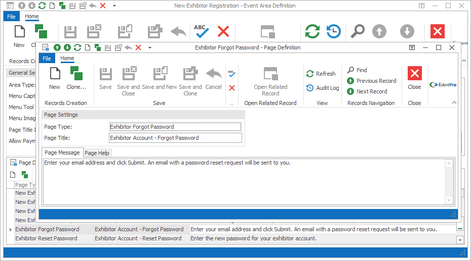 Screenshot of Forgot Password Page Definition from Exhibitor New Registration Area Definition. 