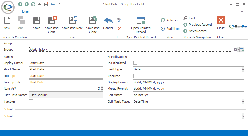 Screenshot of Setup User Field edit form, demonstrating defined Merge Format. 