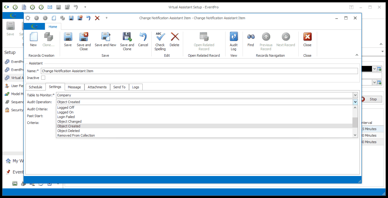 Screenshot of Audit Operation drop-down list in Change Notification Assistant edit form. 