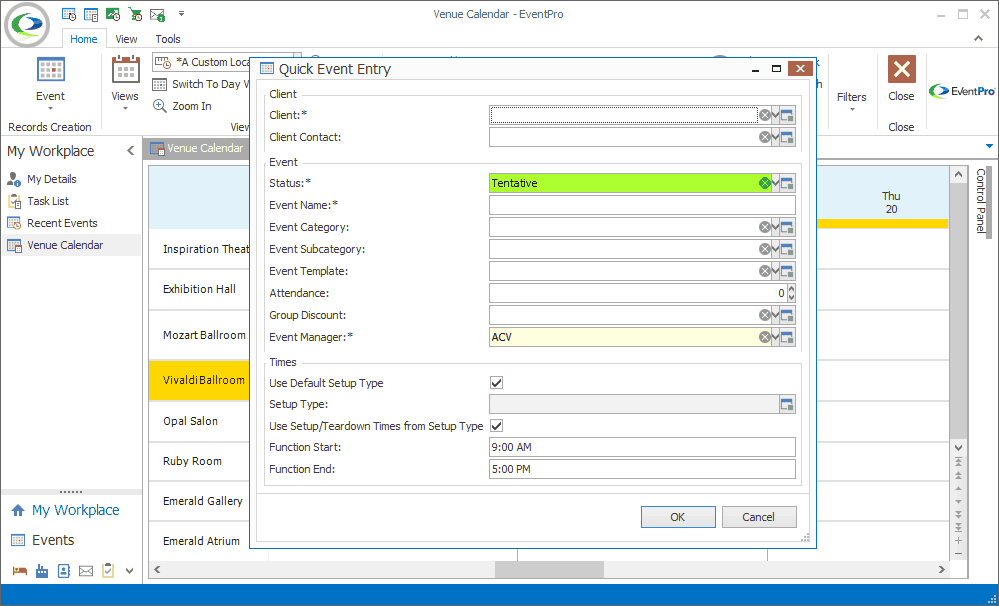 Screenshot of Quick Event Entry form opened from Venue Calendar. 