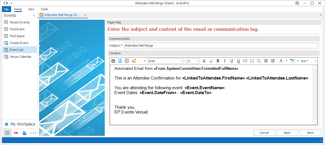 Screenshot of Attendee Mail Merge content page, showing merge fields, including Attendee Names. 