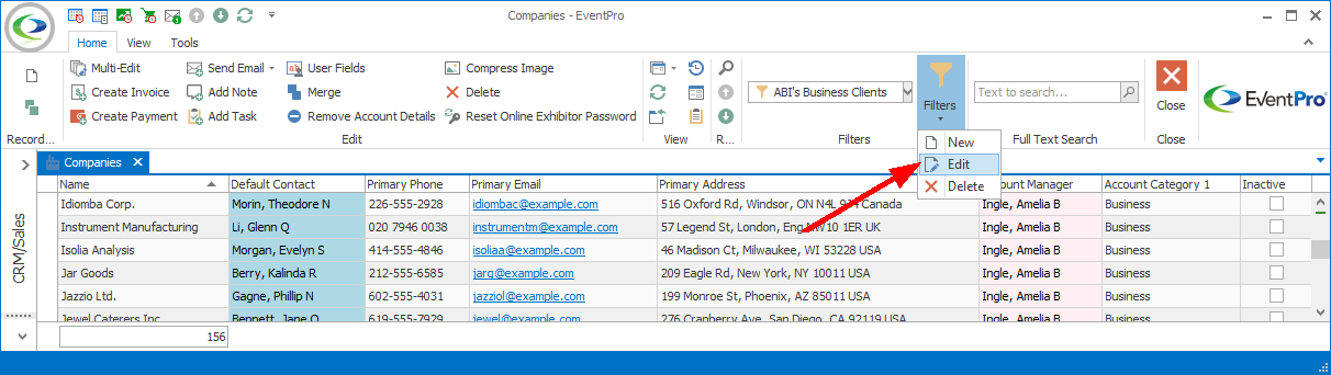 Grid Filter drop-down displaying Edit command for custom filter. 
