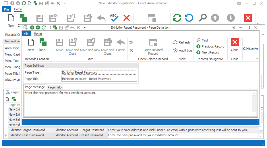 Screenshot of Reset Password Page Definition from Exhibitor New Registration Area Definition. 
