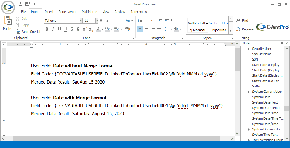 Screenshot of Merged Data in Word Processor, demonstrating difference between Date user fields with and without Merge Format. 