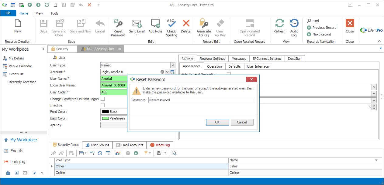 Screenshot of Reset Password dialog opened from User edit form. 