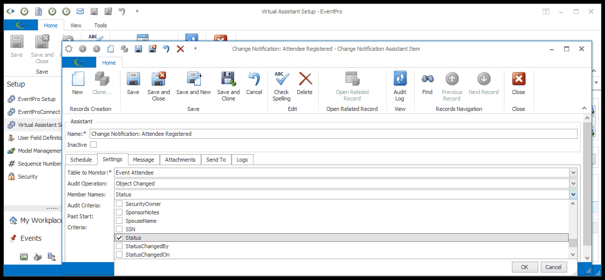 Screenshot of Change Notification Assistant edit form, displaying Member Names list. 