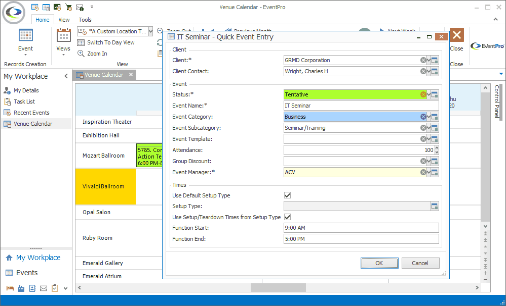 Screenshot of event information entered in Quick Event Entry form.