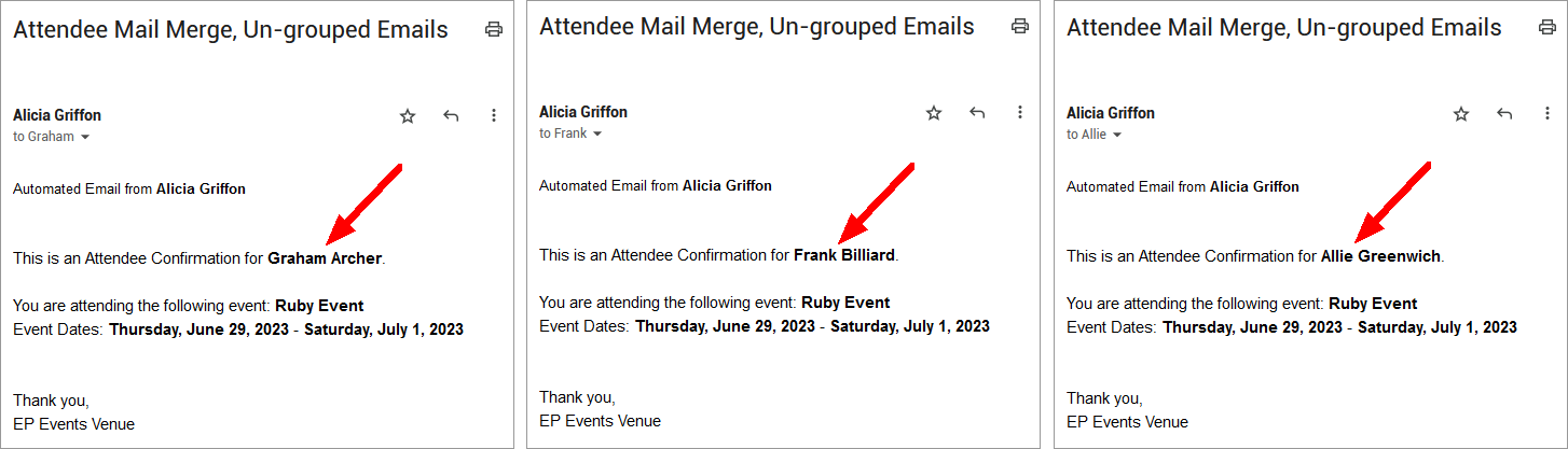 Three emails demonstrating how each pulls a different linked Attendee Name into the merge field. 