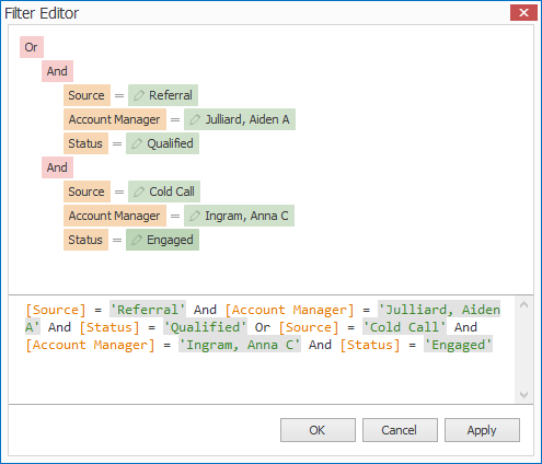 Screenshot of Filter Editor with multiple groups of conditions. 
