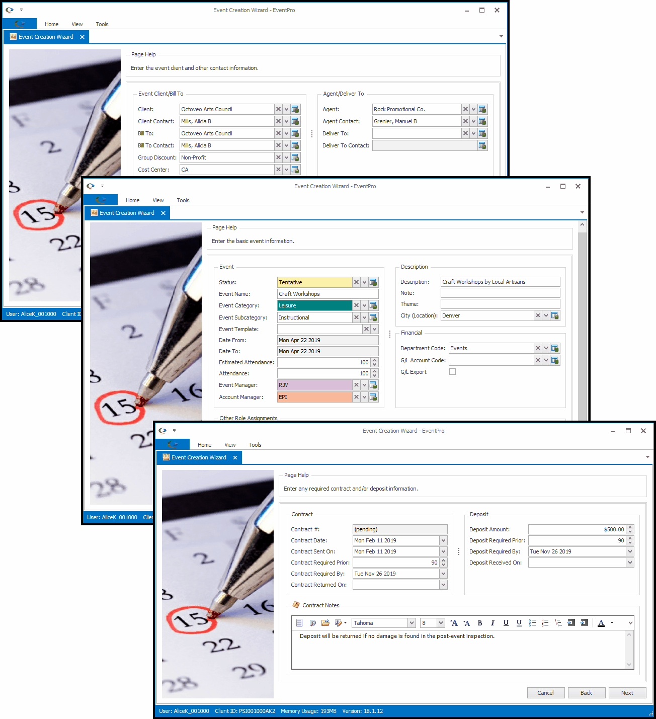 Screenshots of three sample pages from the Event Creation Wizard. 
