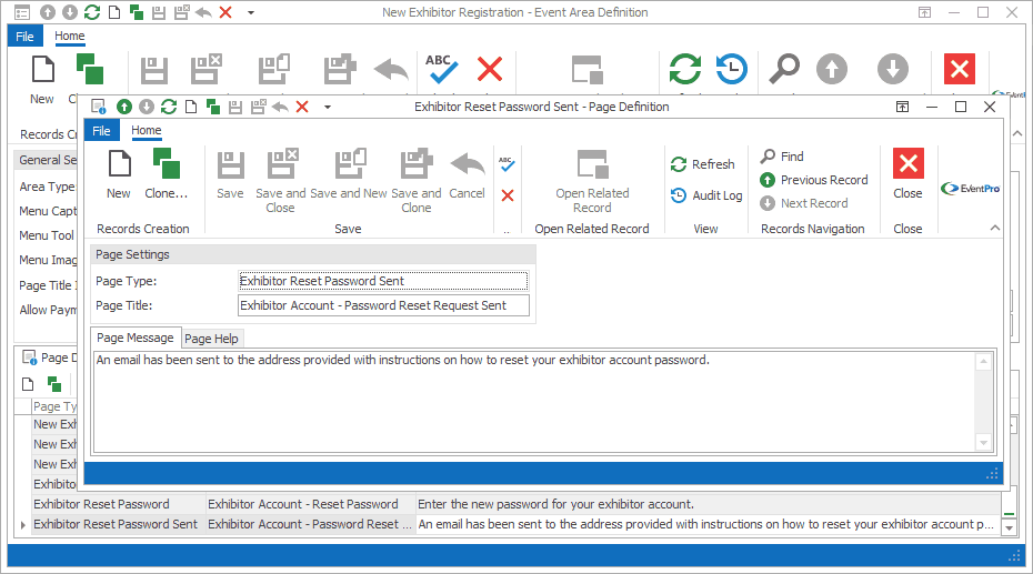 Screenshot of Password Reset Request Sent Page Definition from Exhibitor New Registration Area Definition. 