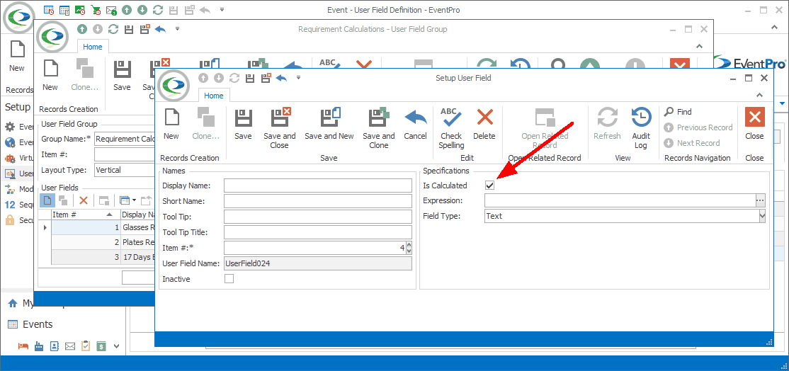 Screenshot of Setup User Field edit form with Is Calculated checkbox selected and Expression field visible. 