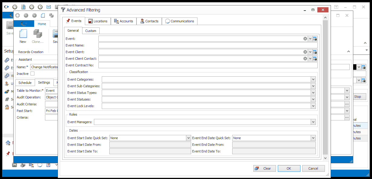 Screenshot of Advanced Filtering window opened from Change Notification object Criteria. 