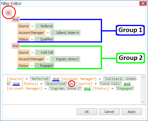 Screenshot of Filter Editor with multiple groups of conditions