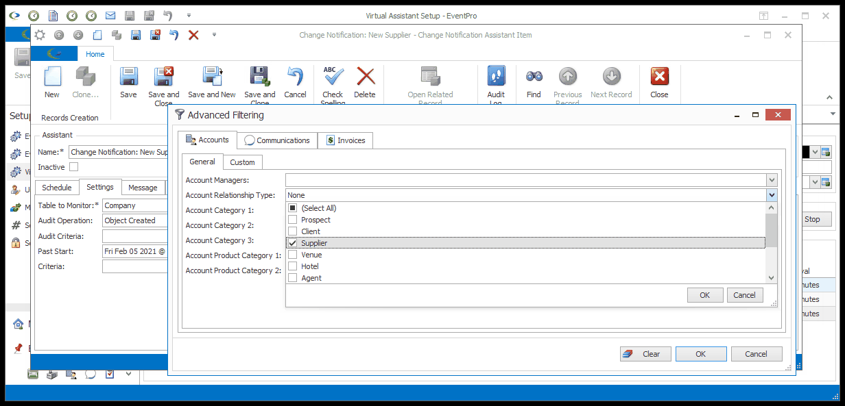 Screenshot of Advanced Filtering window for Change Notification Assistant example. 