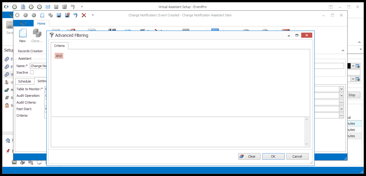 Screenshot of the Advanced Filter window opened from Change Notification Audit Criteria. 