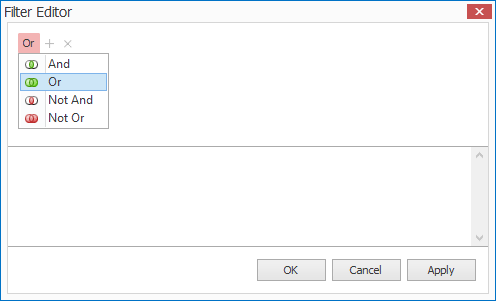 Screenshot of Filter Editor, changing logical operator