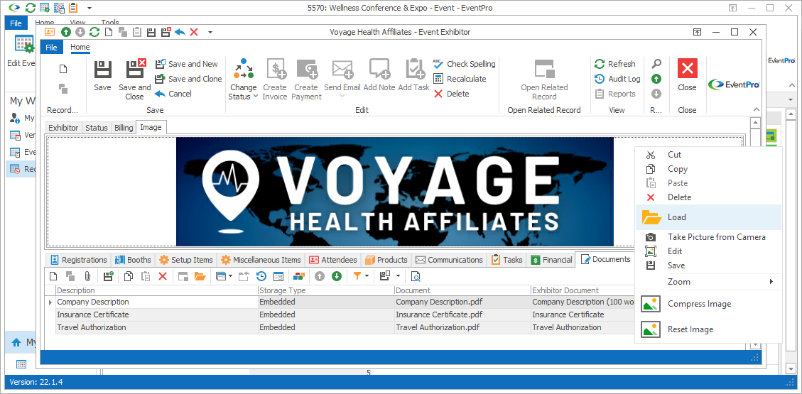 Screenshot of Event Exhibitor edit form opened to Image tab. 
