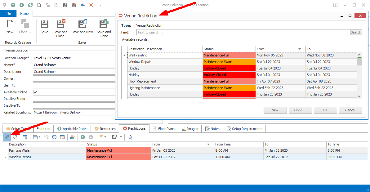 Screenshot of Venue Restriction linking window opened from Venue Location. 