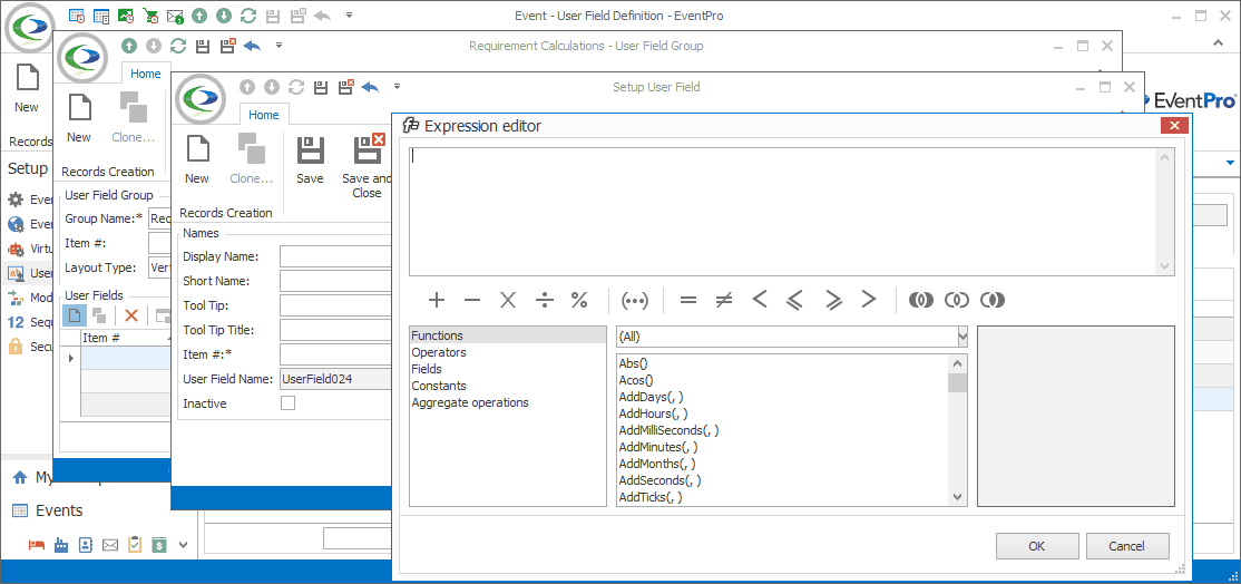 Screenshot of Expression Editor opened from Setup User Field edit form. 