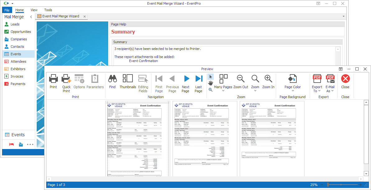 Screenshot of print preview at end of mail merge wizard with Printer destination. 