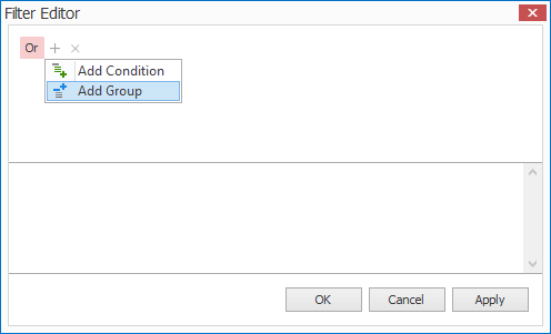 Screenshot of Filter Editor, adding group