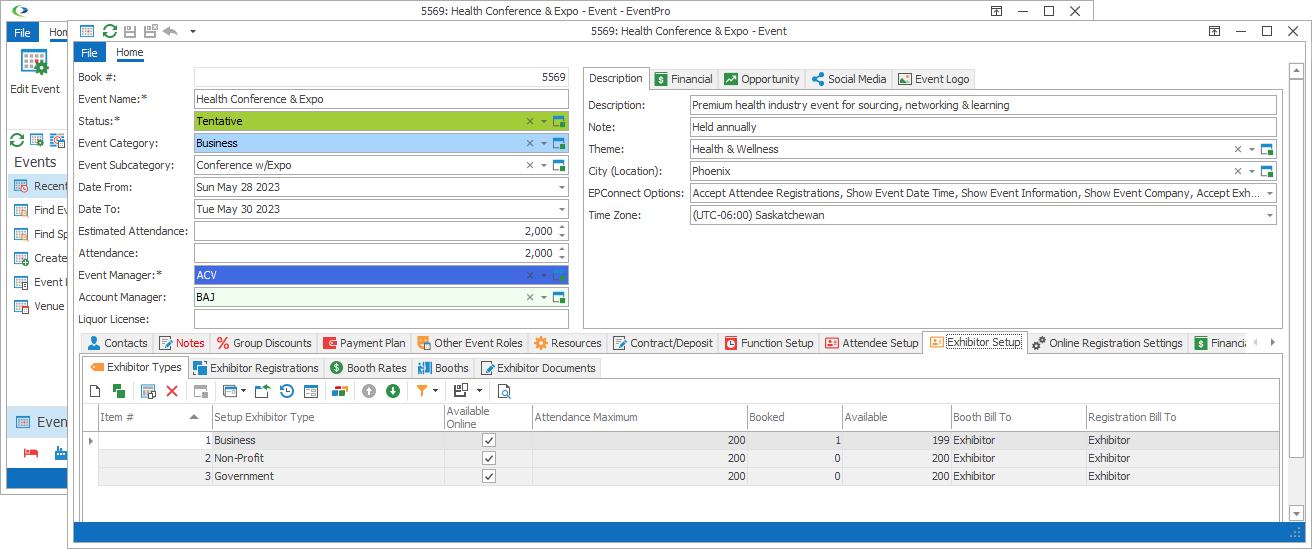 Screenshot of Edit Event window opened to Exhibitor Types tab. 