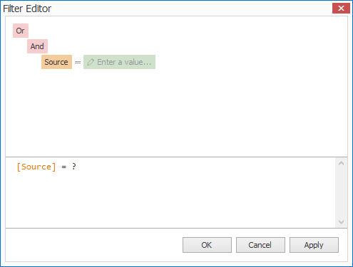 Screenshot of Filter Editor, showing default group logical operator and condition