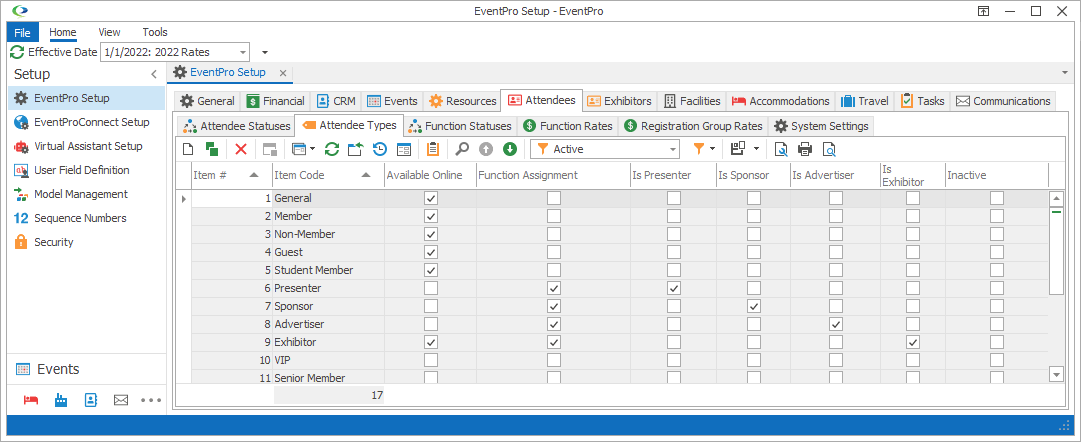 Screenshot of Attendee Types tab under Attendees tab in EventPro Setup. 