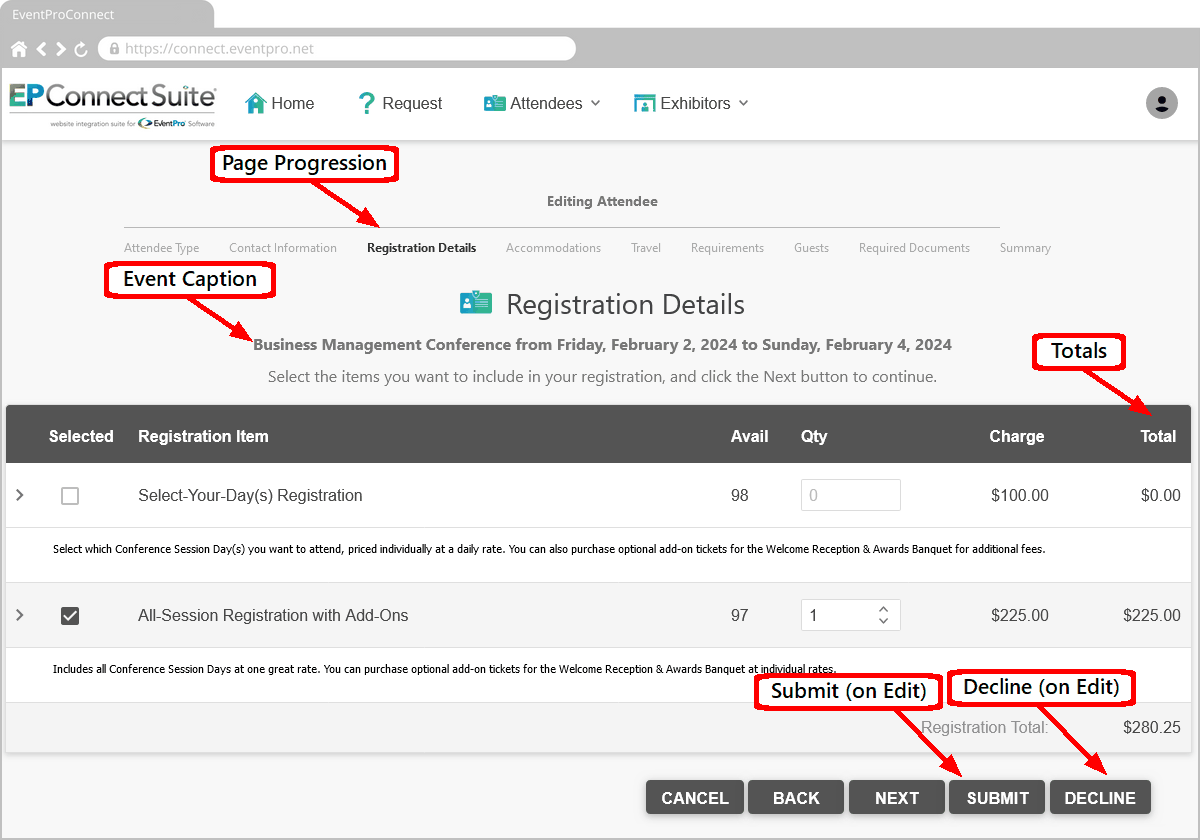 Screenshot of sample Attendee Registration area online, labelling displayed settings. 