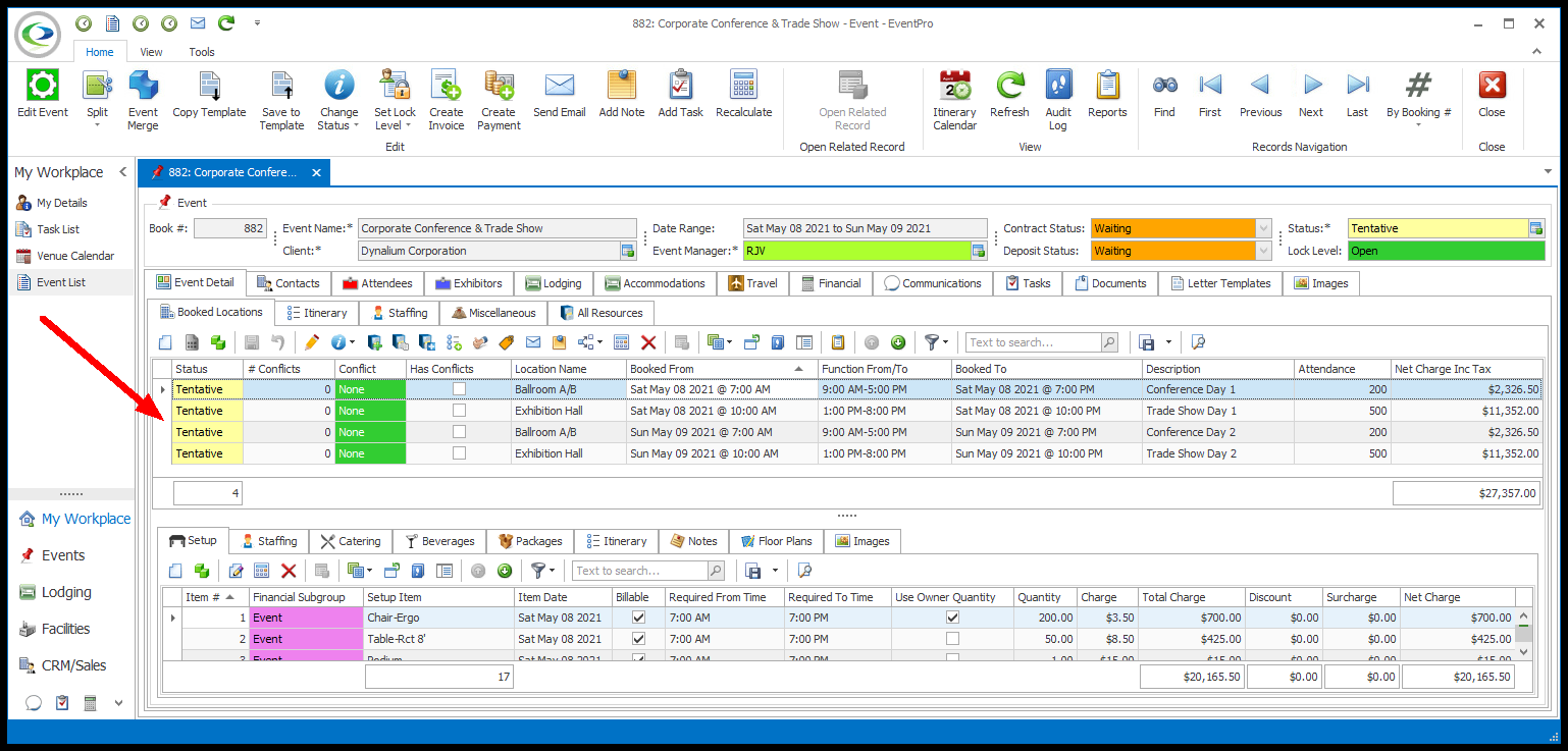Screenshot of Event with 4 booked locations, 2 rooms for 2 days. 