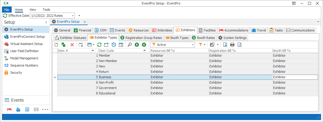 Screenshot of EventPro Setup opened to Exhibitor Types tab. 