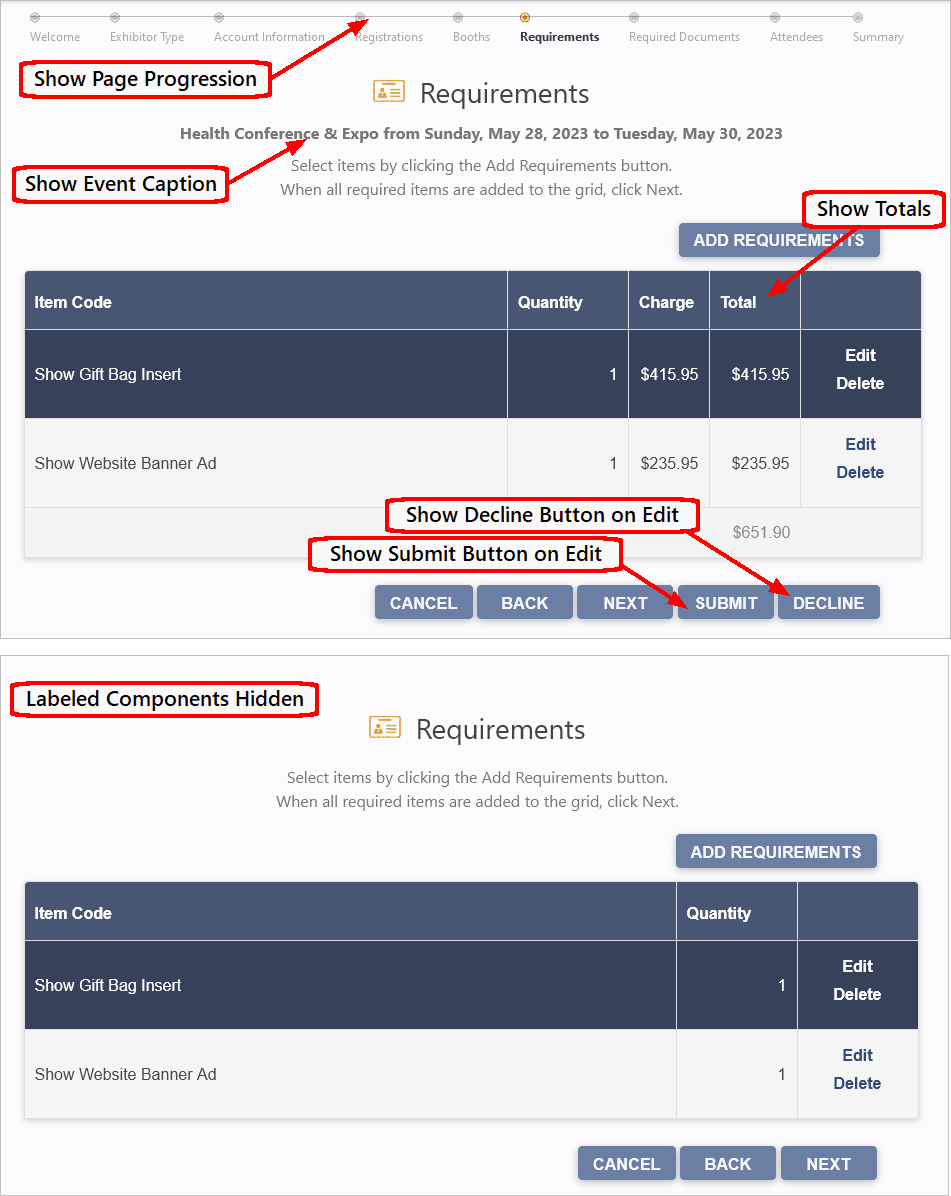 Screenshot of sample Exhibitor Registration area online, labelling Registration Settings options. 
