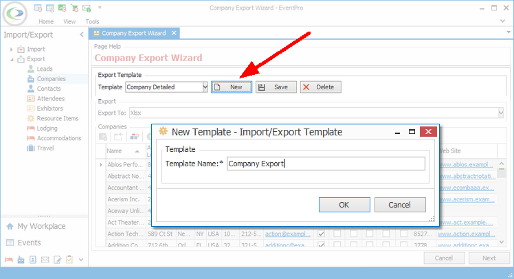 Screenshot of New Template dialog opened from Export Wizard. 